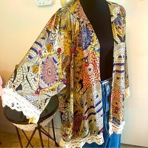 Anthropologie JODIFL Bohemian Kimono Style Wrap Jacket! Crochet trim. Great. Lg